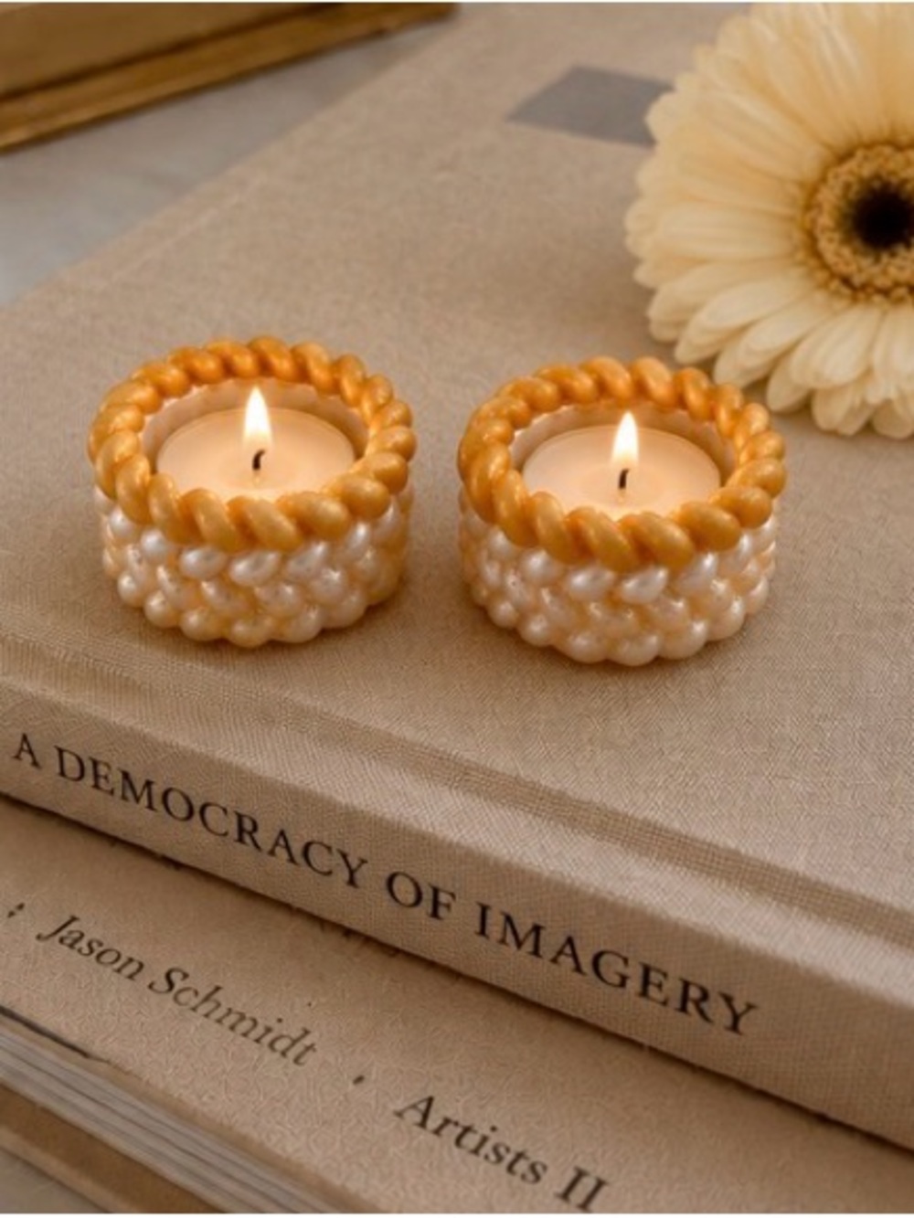 Pearl-Trim Tealight Holders in Cream & Gold